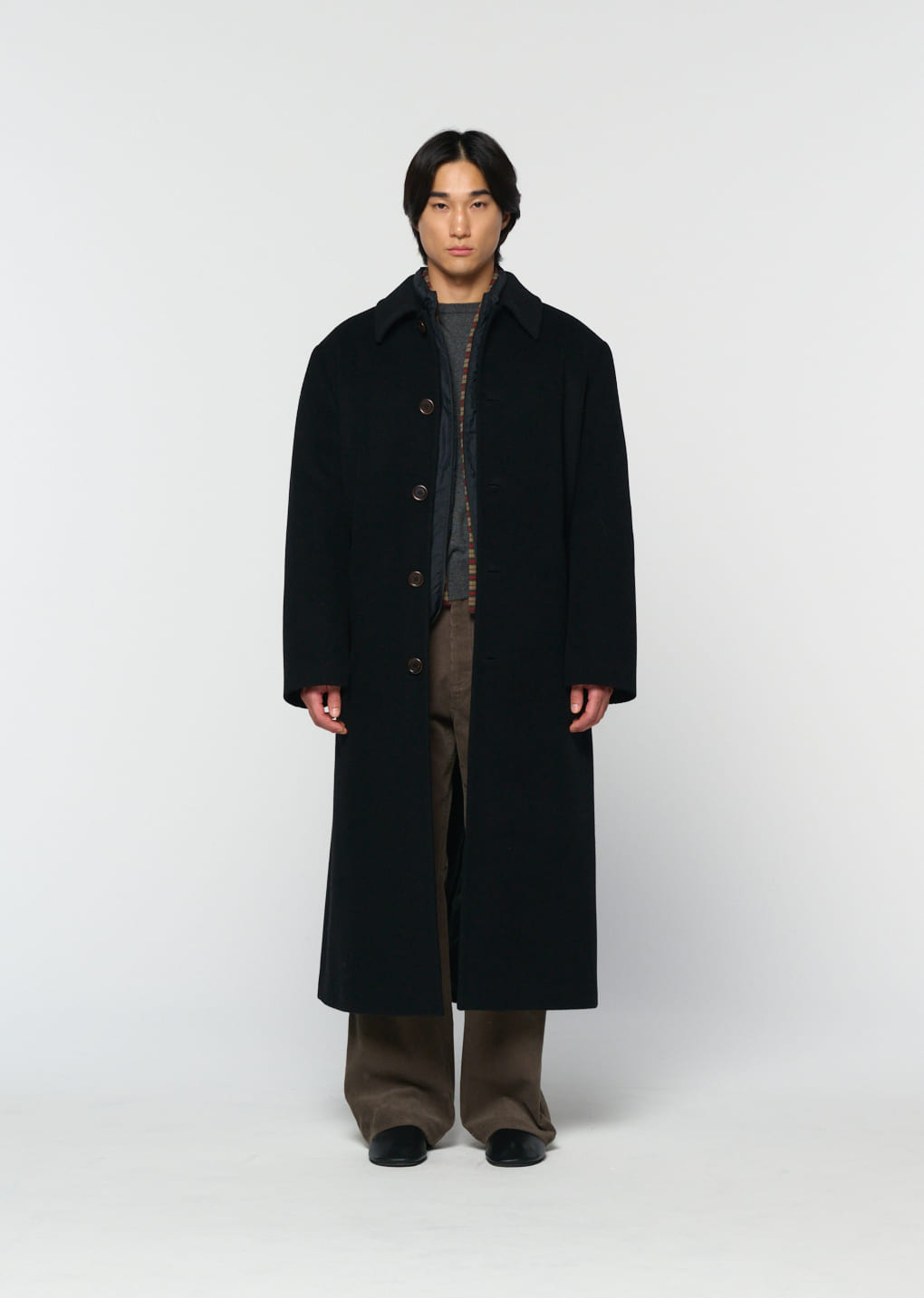 Photo of men's single breasted long coat, black