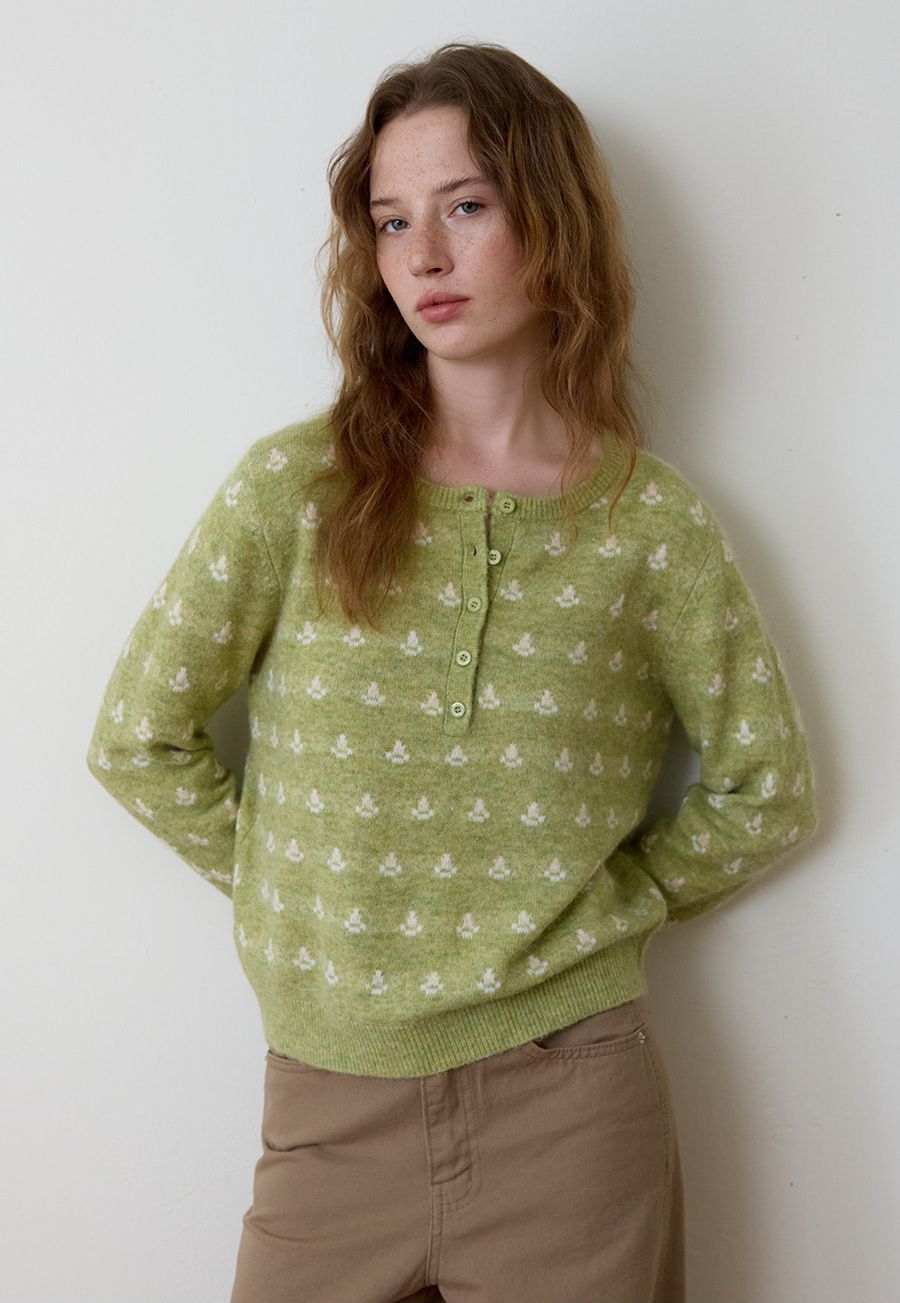A FLOWER HENLEY NECK KNIT_OLIVE 사진 4/4