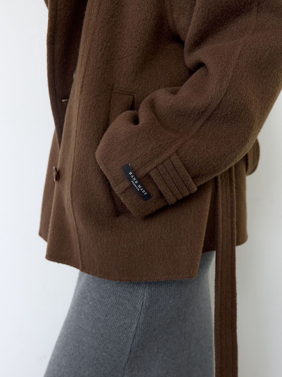 A HIGH NECK BELTED DOUBLE COAT_BROWN 사진 4/4