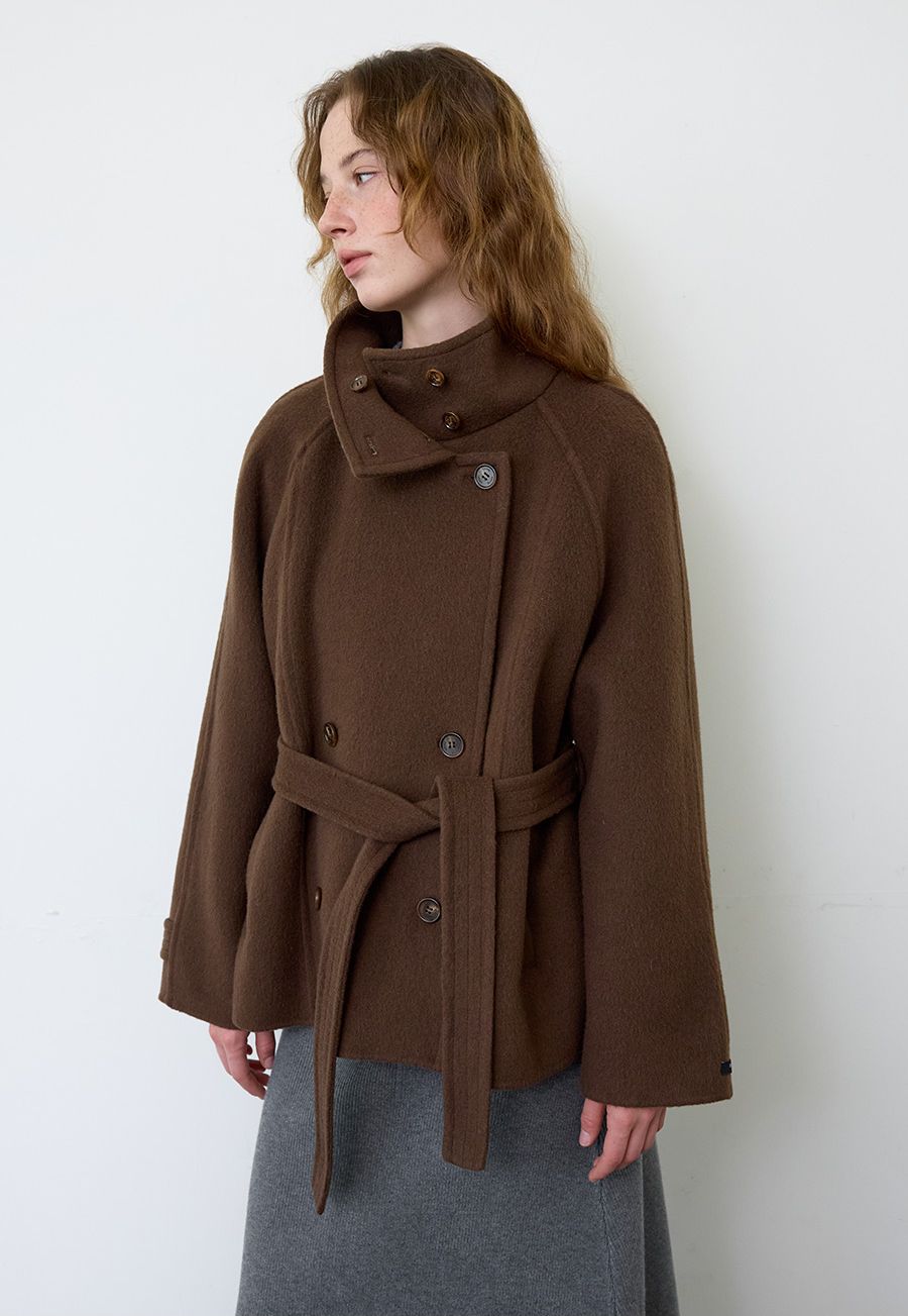 A HIGH NECK BELTED DOUBLE COAT_BROWN 사진 3/4
