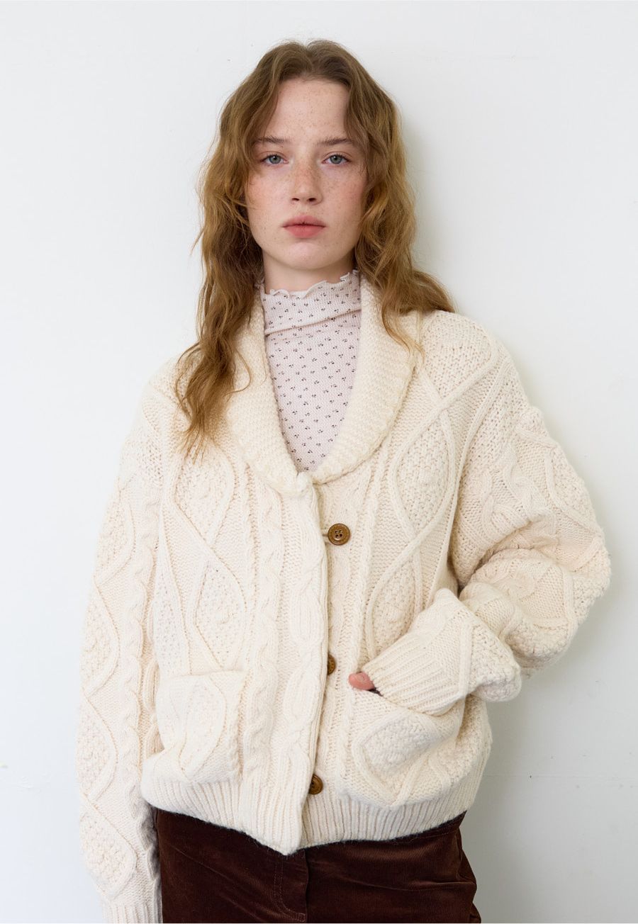 A HAND STITCH CABLE CARDIGAN_IVORY 사진 2/4