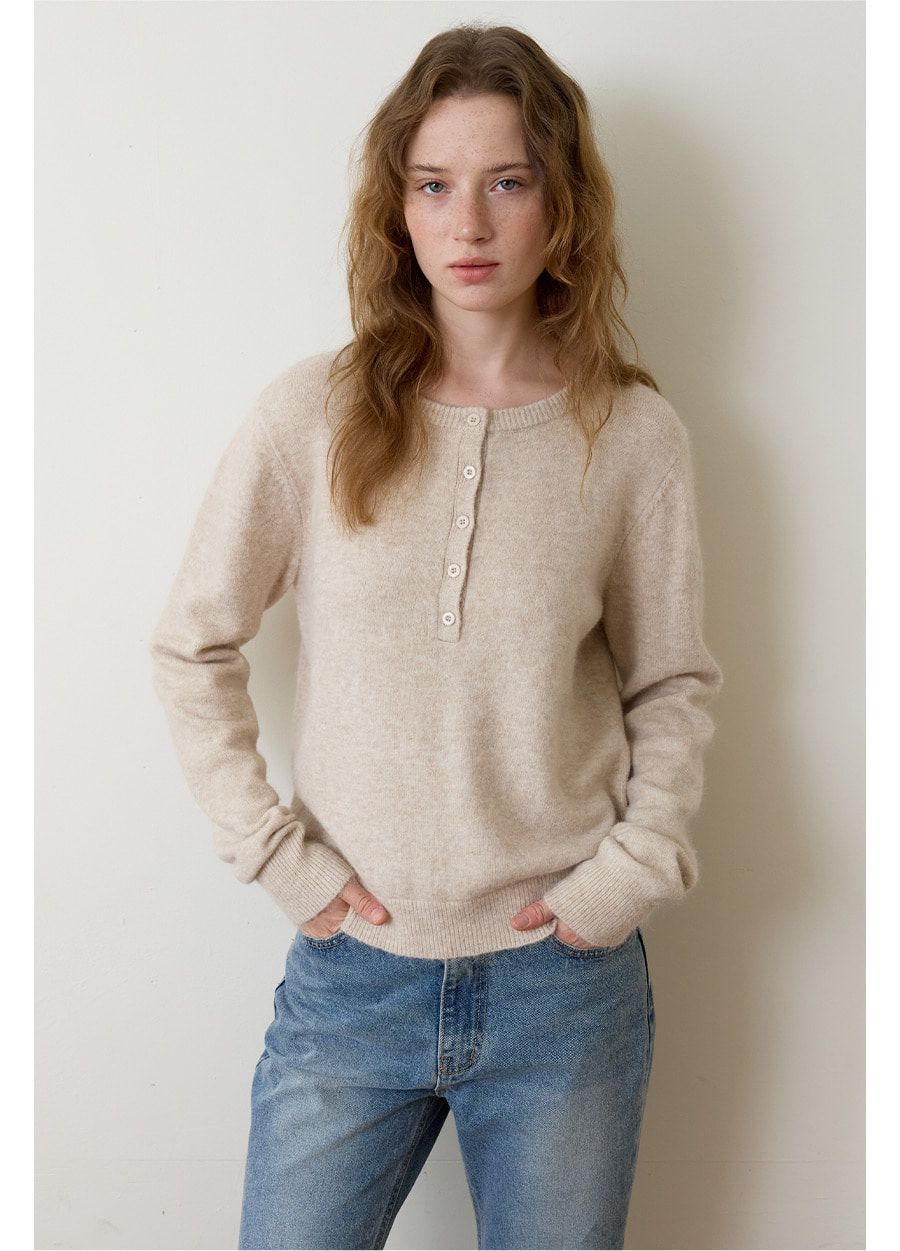 A SOLID HENLEY NECK KNIT_LIGHT BEIGE 写真 4/4