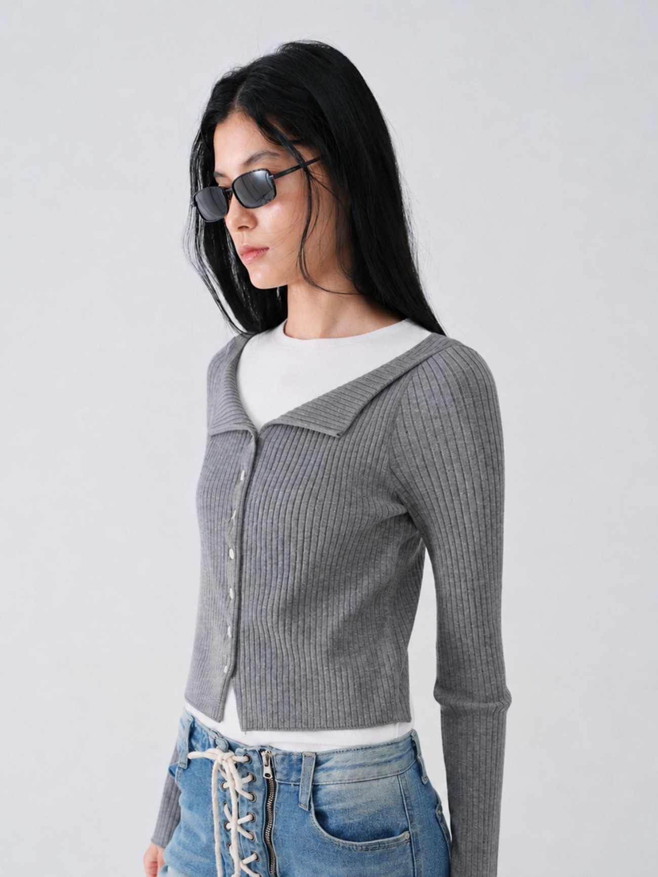 SOFT RAYON RIBBED KNIT CARDIGAN_GRAY