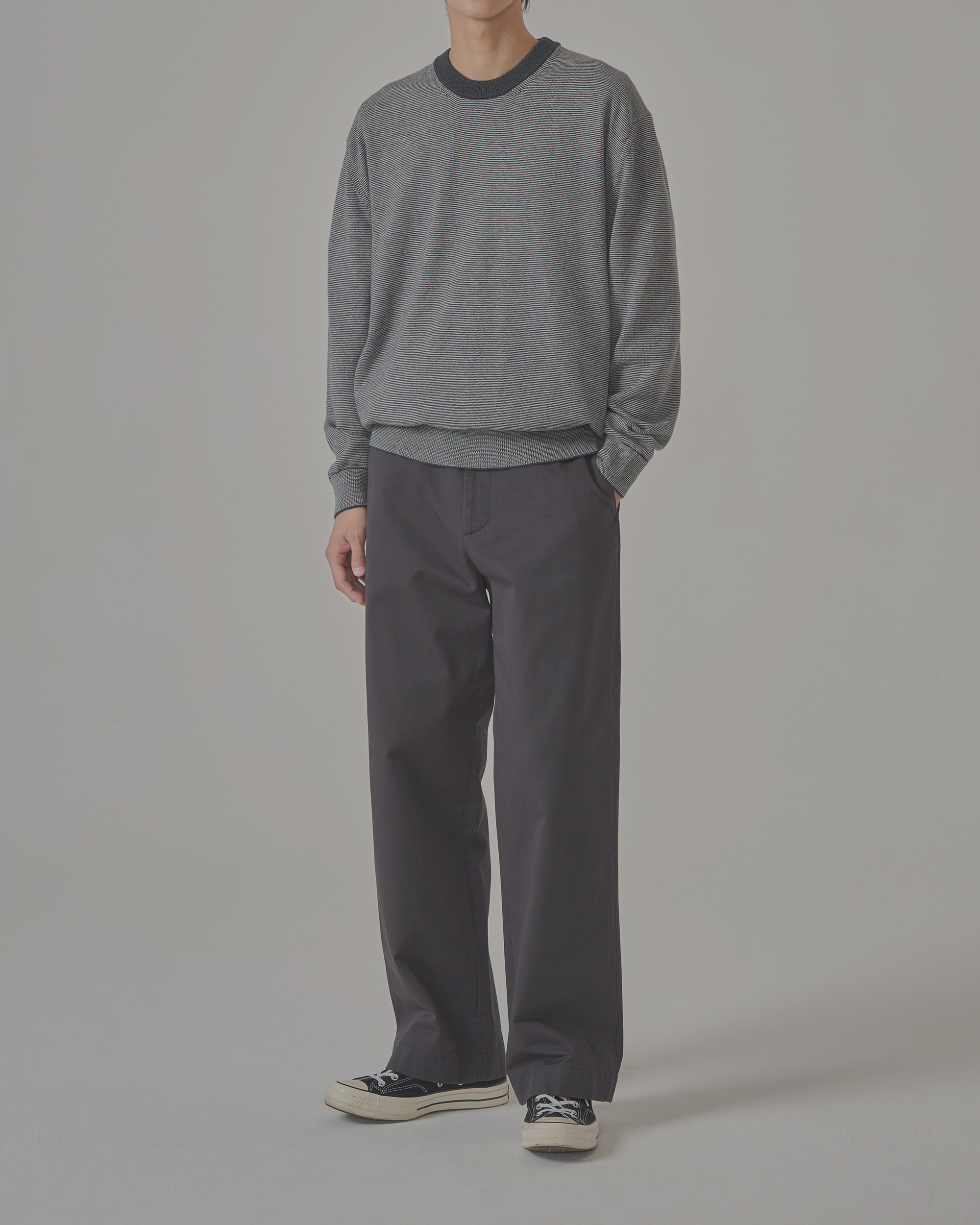 WOOL COTTON STRIPE KNIT CREWNECK - GREY 사진 1/4