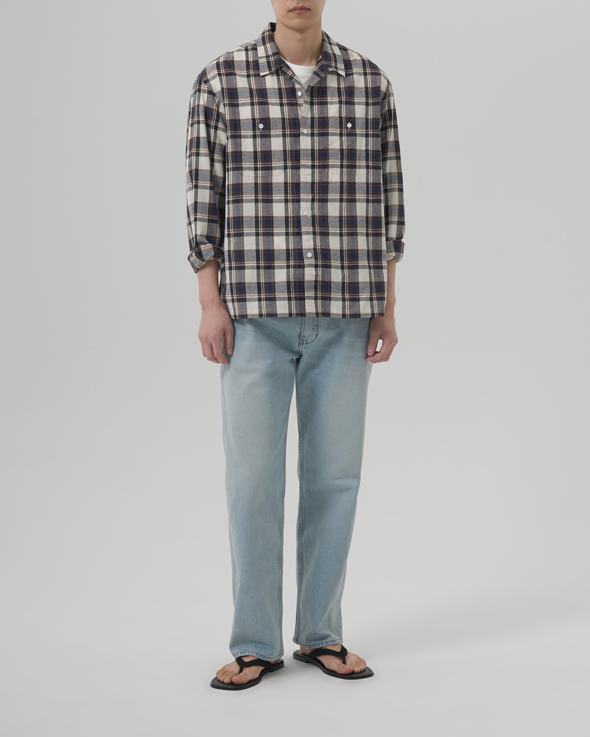 C/L MADRAS OPEN SHIRT - BLUE BROWN 写真 1/4