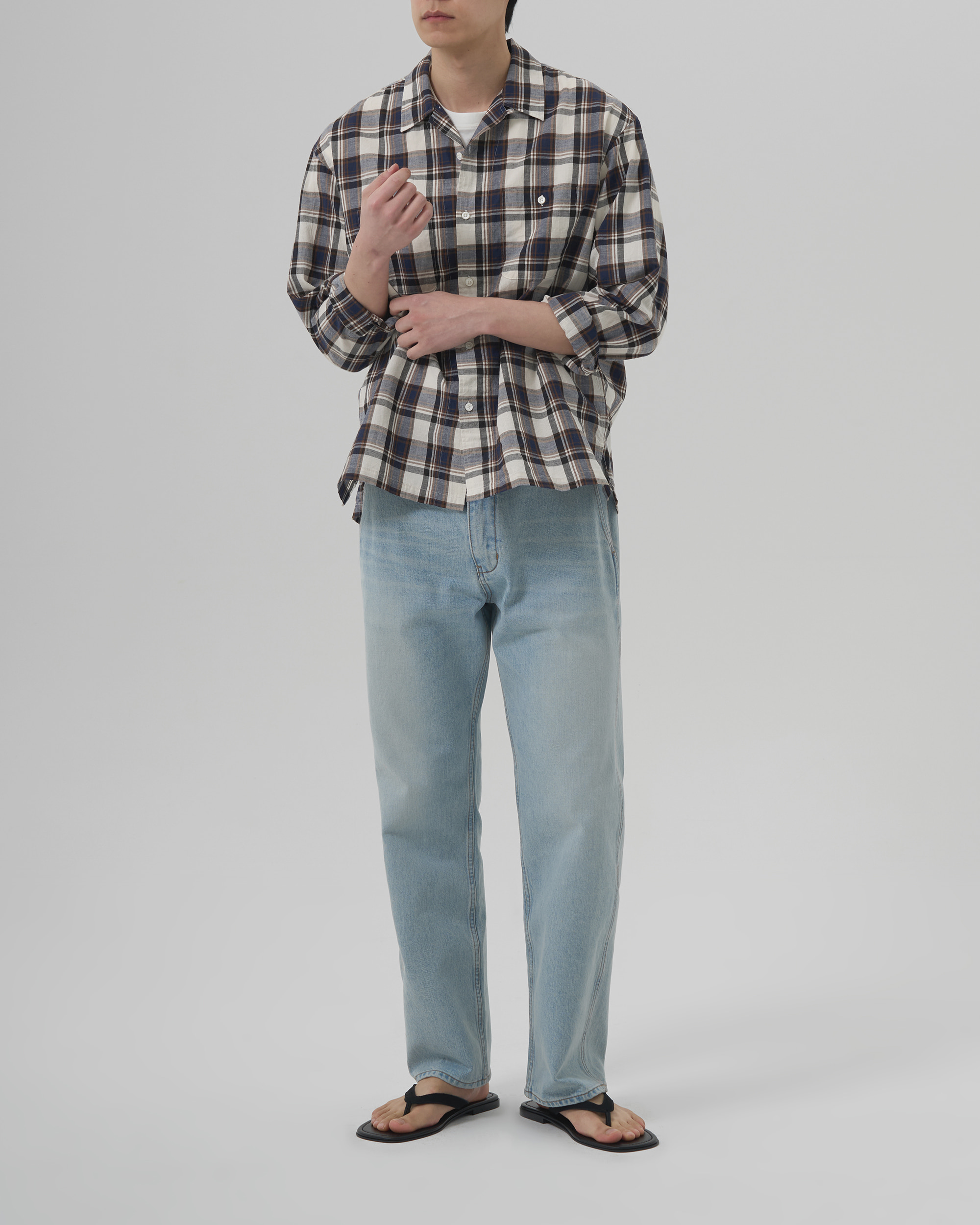 C/L MADRAS OPEN SHIRT - BLUE BROWN 写真 2/4