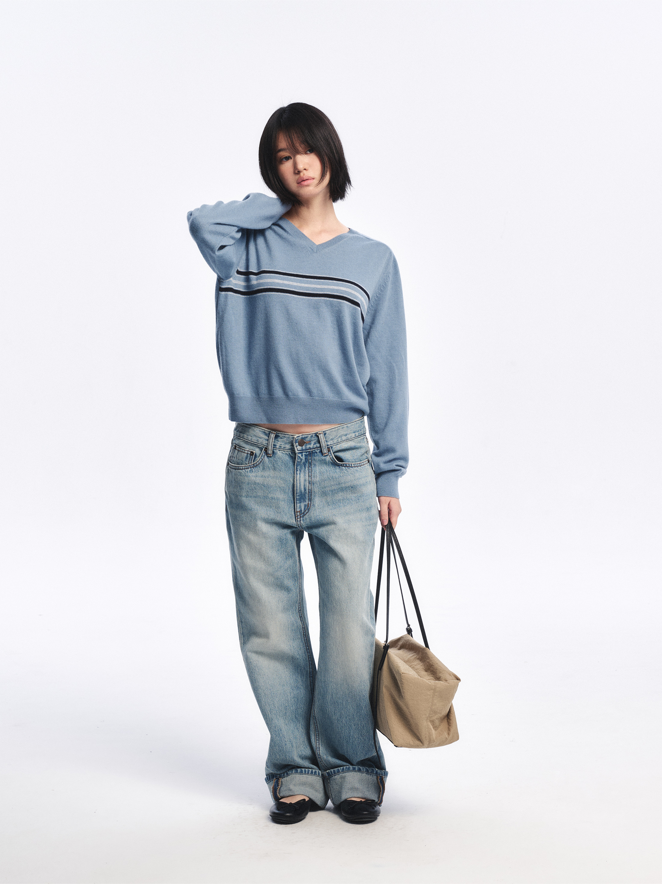 Wool Blend Line Sweater_Dusty Blue 사진 1/4