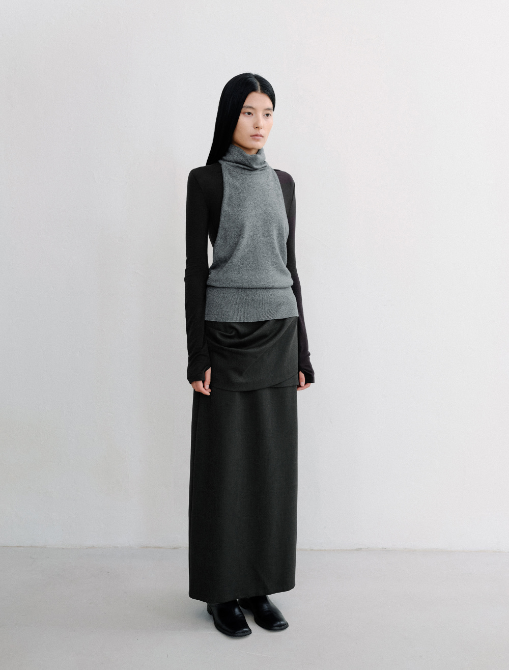 OVERLAP LAYER MAXI SKIRT [CHARCOAL] - Low Tide 사진 2/4