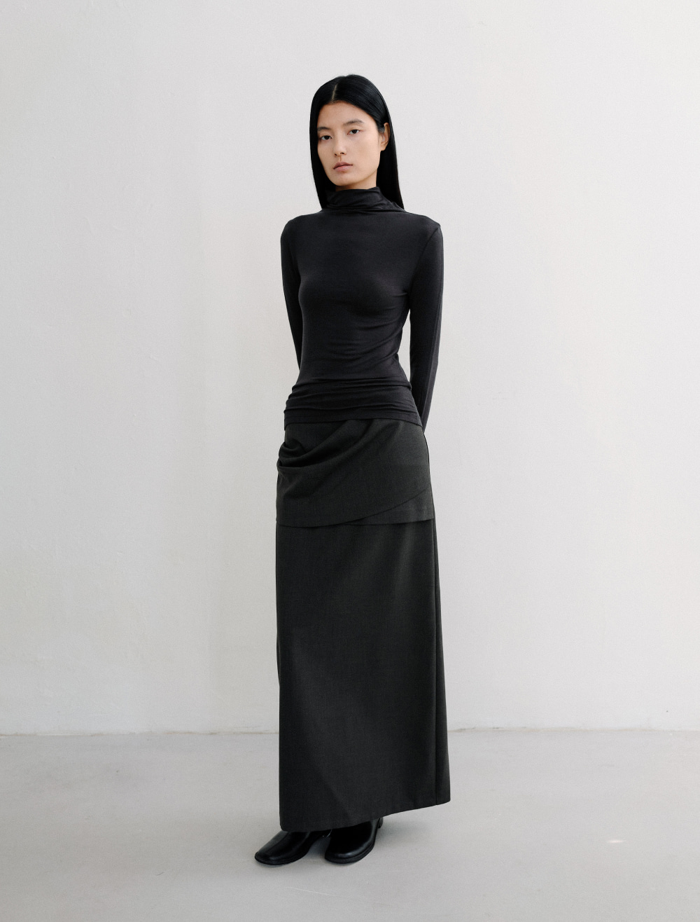 OVERLAP LAYER MAXI SKIRT [CHARCOAL] - Low Tide 사진 4/4