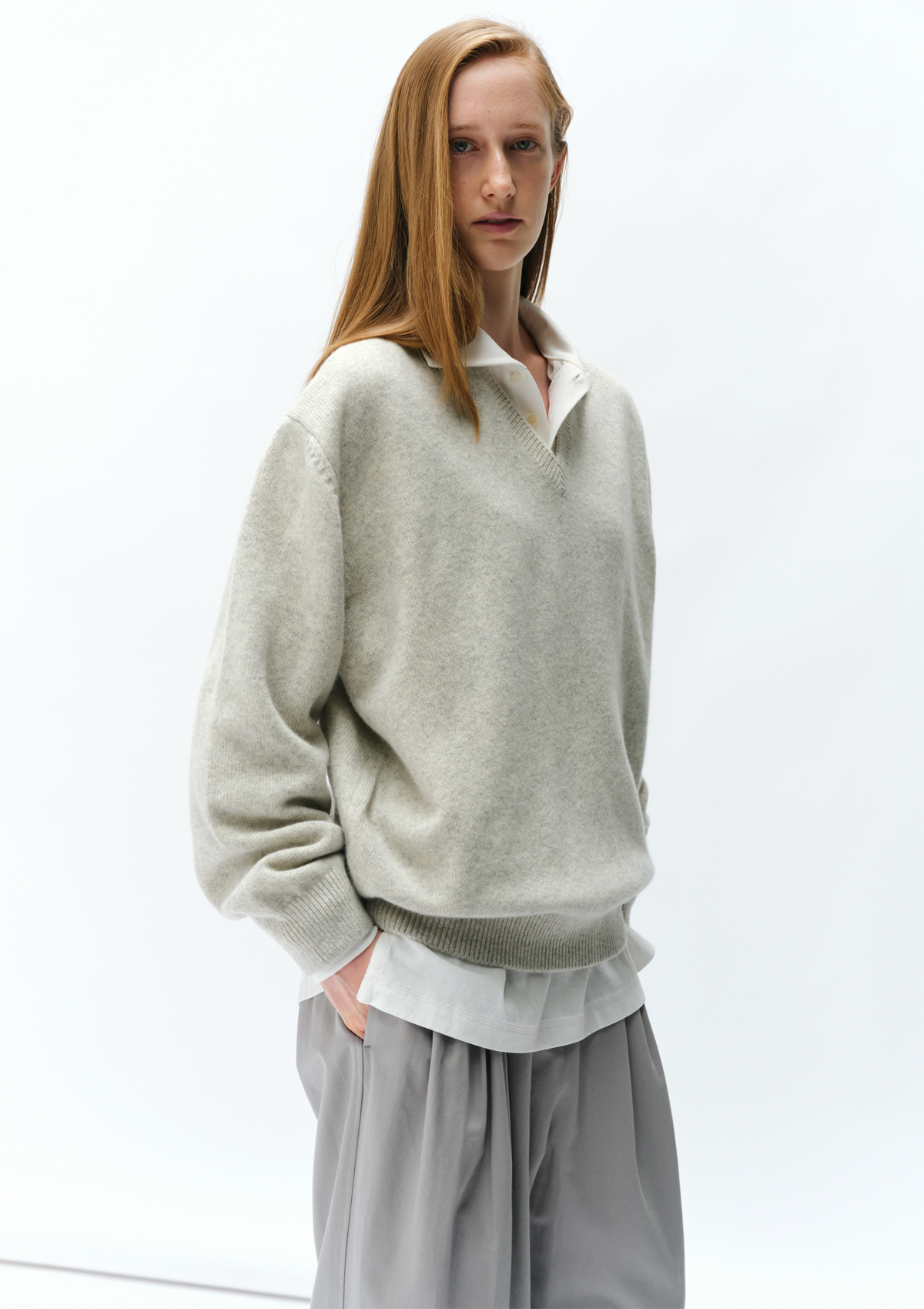 24 Deep V-Neck Knit in Melange Gray