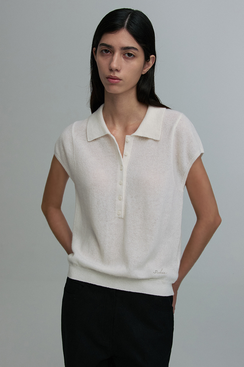 COLLARED CAP-SLEEVE KNIT TOP WHITE 사진 4/4