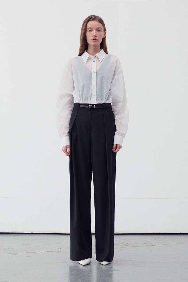 BELT WAIST DETAIL WIDE LEG TROUSERS BLACK 사진 3/4