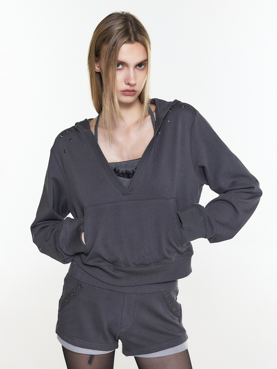 EYELET V-NECK HOODIE TOP CHARCOAL 사진 4/4