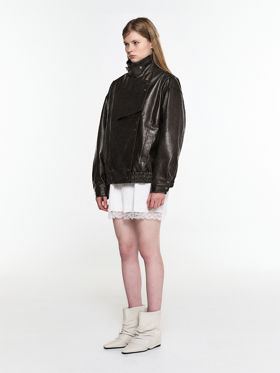 HIGH NECK OVERSIZED LEATHER PANEL BLOUSON BROWN 사진 2/4
