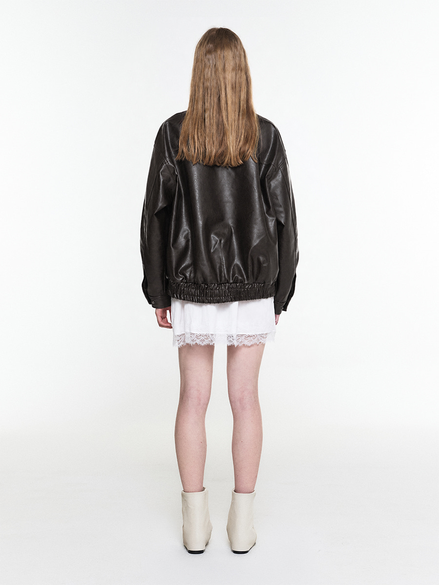 HIGH NECK OVERSIZED LEATHER PANEL BLOUSON BROWN 사진 3/4