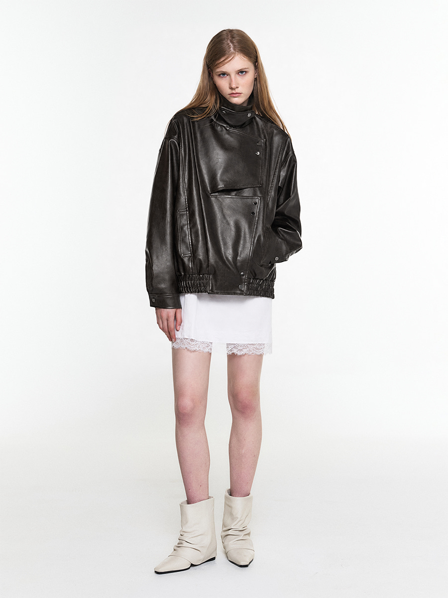 HIGH NECK OVERSIZED LEATHER PANEL BLOUSON BROWN 사진 4/4