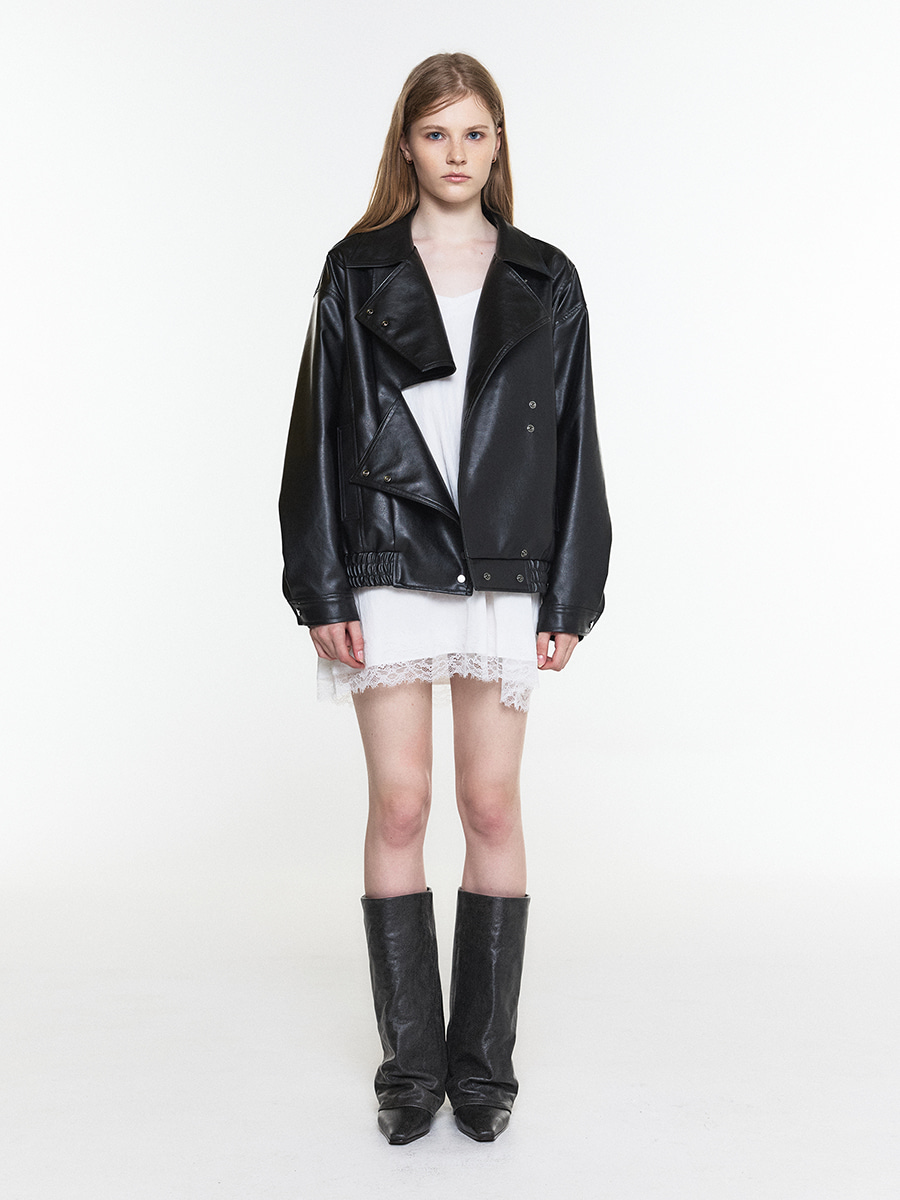 HIGH NECK OVERSIZED LEATHER PANEL BLOUSON BLACK 사진 2/4