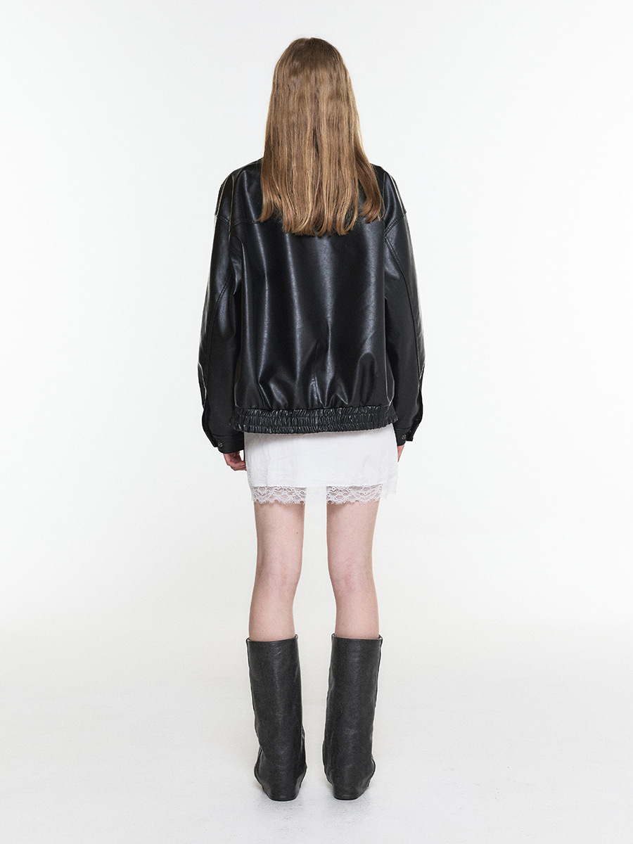 HIGH NECK OVERSIZED LEATHER PANEL BLOUSON BLACK 사진 3/4