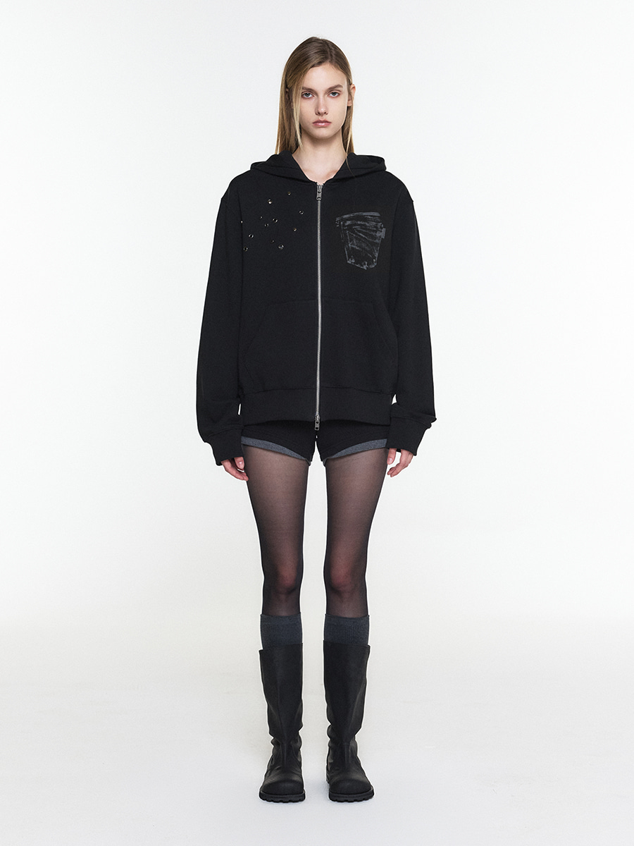 EYELET POCKET HOODIE ZIP-UP BLACK 사진 2/4