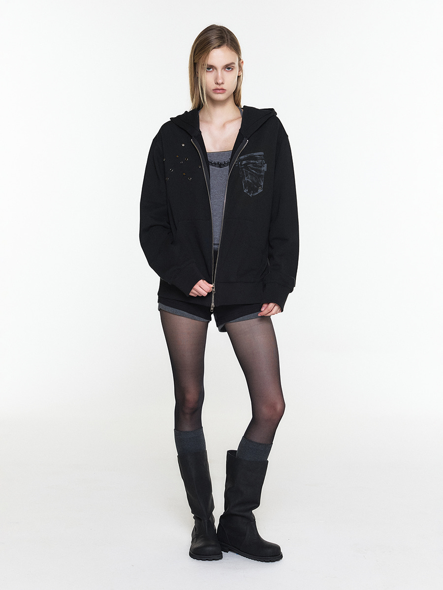 EYELET POCKET HOODIE ZIP-UP BLACK 사진 4/4