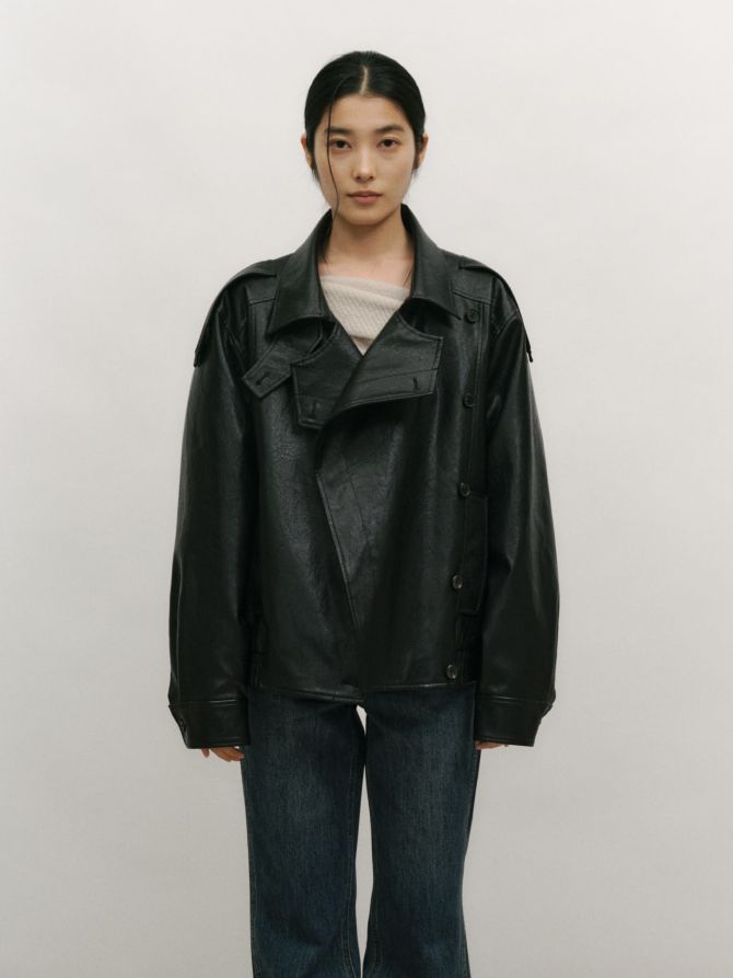 High Neck Double Leather Jacket Black
