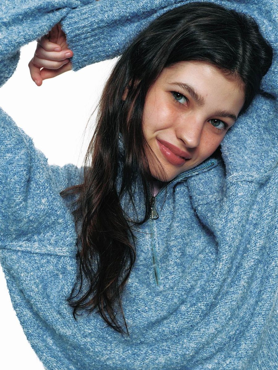Blue knit zip-up pullover