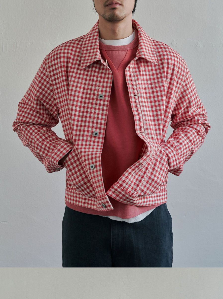 Red gingham check painter jacket